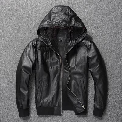 Chinesische Größe Männer Lederjacke mit Kapuze weiche natürliche Rindsleder echtes Leder Mantel Kapuze Mann Kleidung Frühling Herbst Kleidung
