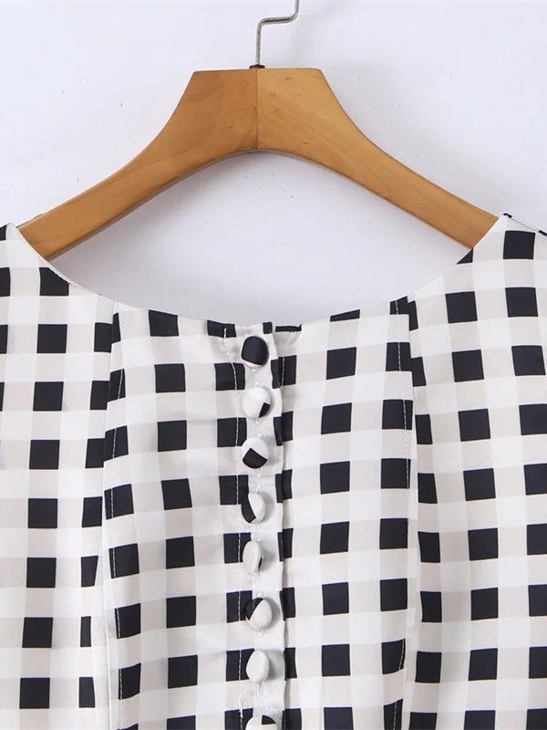 Sweet & Spicy Plaid A-line U-neck Sleeveless Dress with Waist-cinching Single-breasted Detail