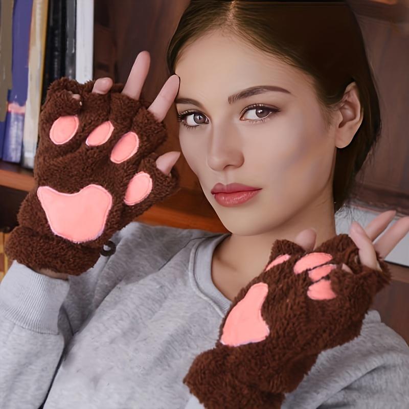 1 PAAR Winter niedliche Cartoon Katzenpfoten-förmige fingerlose Thermohandschuhe, verdickte thermische Halbfingerhandschuhe