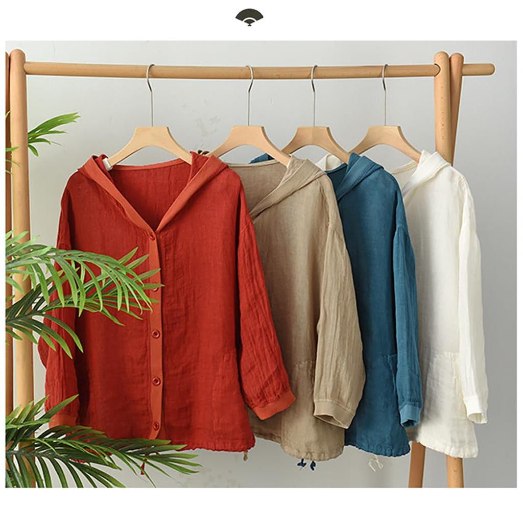 BdeSYT Long Sleeve Loose Solid 3 Women's Blouse, Cotton-Linen Hoodie, Fit, Open-Front Outerwear, Sweatshirt, Color, Slimming, Colors, M-2XL (L, Khaki)