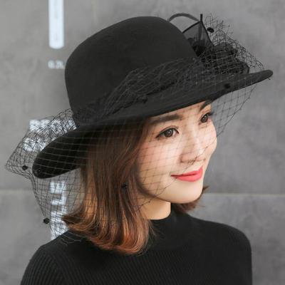 Big Eaves Hat Children's Autumn and Winter Mesh Woolen Top Hat Female British Winter Celebrity Retro Dome Basin Hat Black Hepburn Style