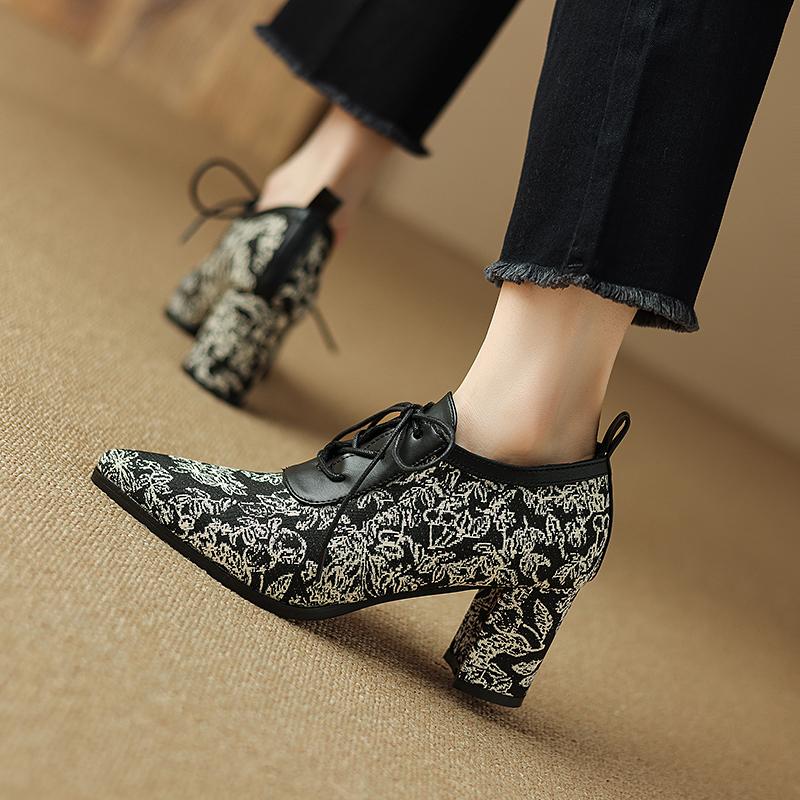 

Женские туфли на высоком каблуке, новые весенне-летние туфли с острым носком на толстом каблуке, большие низкие туфли на шнуровке, универсальная обувь на все времена года