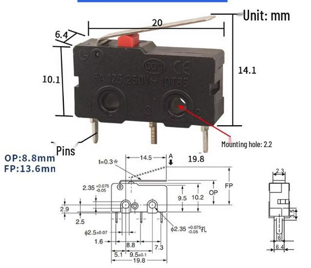 KW12 Mikro-Stativ Kippschalter, 5A/250V, KW11-3Z, Reiseendschalter