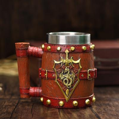 Medieval Vintage Viking Mug Dragon Sword and Shield Beer Mug Resin Stainless Steel Wooden Barrel Tankard Coffee Wine Cup Gift
