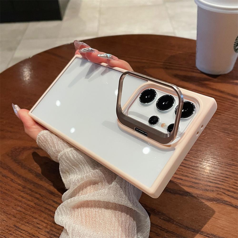 Luxury Camera Stand Folding Holder Clear Case For Samsung Galaxy S24 Ultra S22 Plus S23 FE Lens Protector Transparent Hard Cover