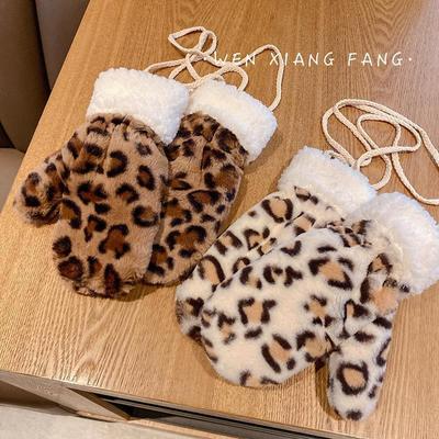 Alpaca Fleece Warm Gloves Vintage Women's Padded Thickened Gloves Hanging Neck Leopard Print Gloves