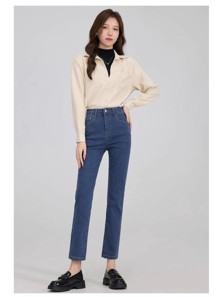 2025 Women's High-Waisted Stretch Slim-Fit Straight-Leg Cigarette Jeans for Spring and Autumn.