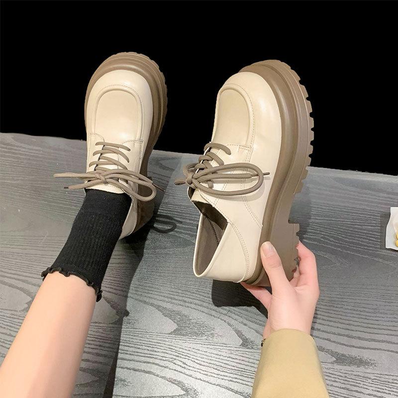 Pantofi jk versatili cu șireturi cu talpă groasă, pantofi mici din piele noi super-hot de primăvară și toamnă pentru femei, stil britanic alb