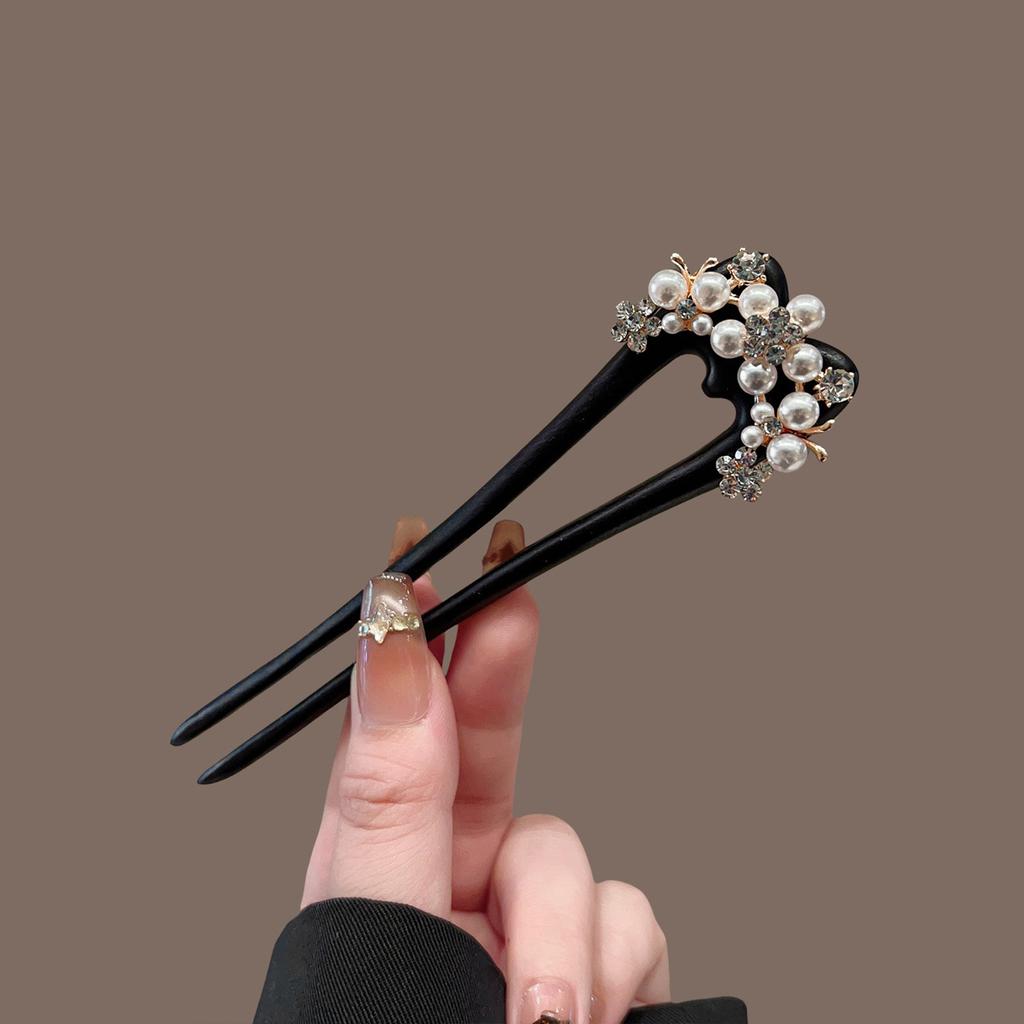 Black U-Shape Double Hairpin Handcrafted Hair Sticks for Women Traditional Chinese Hanfu Qipao Wedding Hair Accessories 15cm