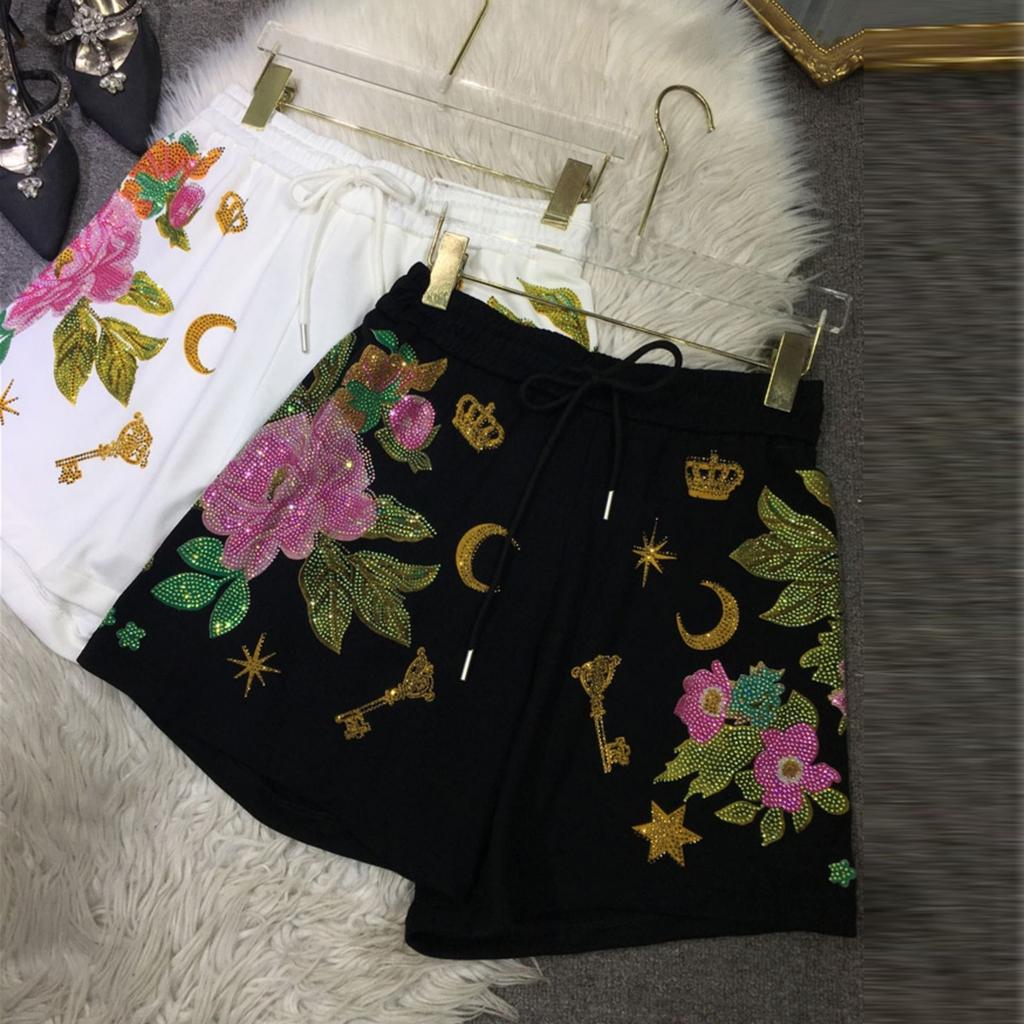 Damskie Szorty Ciężkie Żelazne Wiertnicze Elastyczne Wysoki Stan Wyszczuplające Retro Kwiatowe Szerokie Nogawki