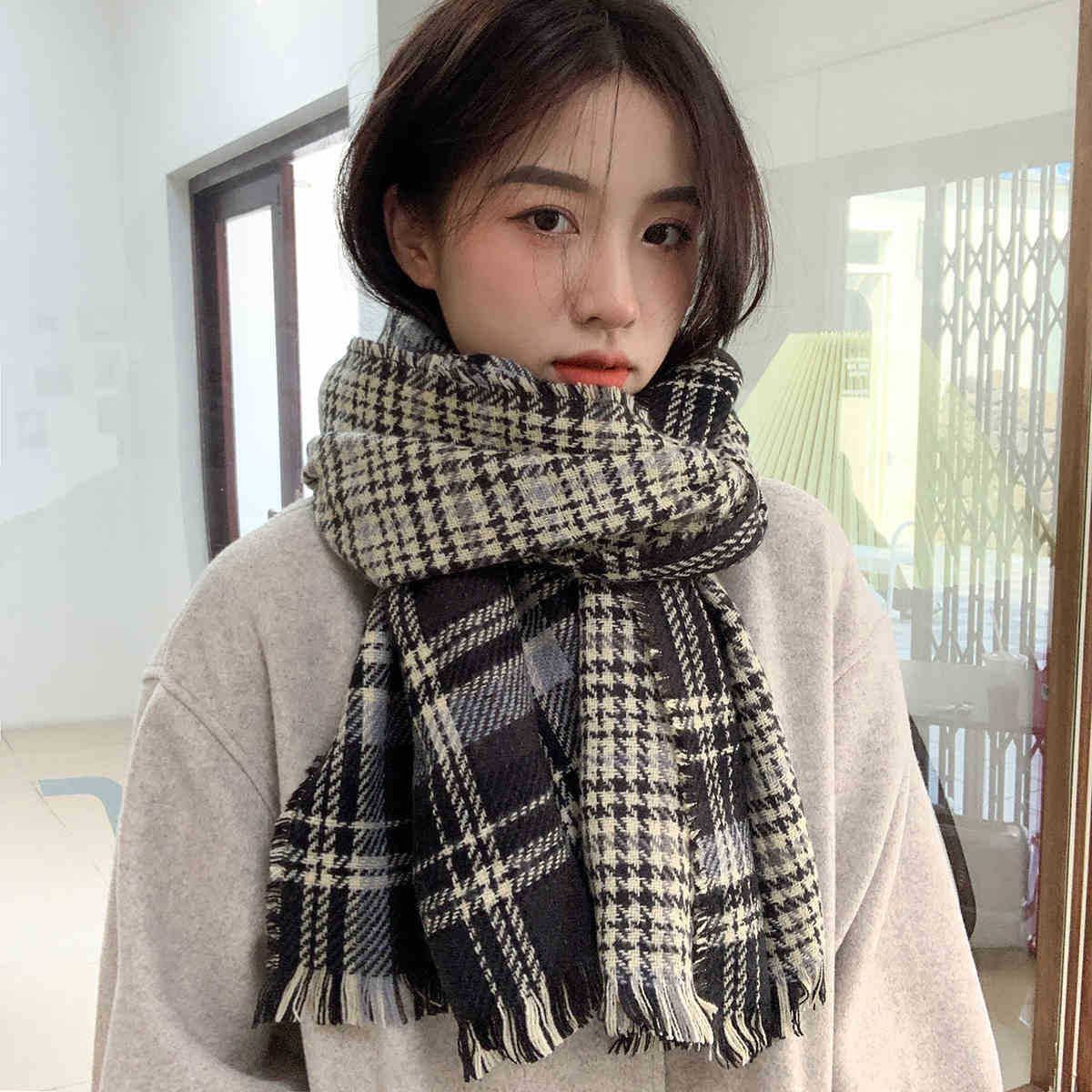 

Парный шарф-шаль с рисунком «гусиная лапка», сезонный студенческий контрастный клетчатый шарф для женщин