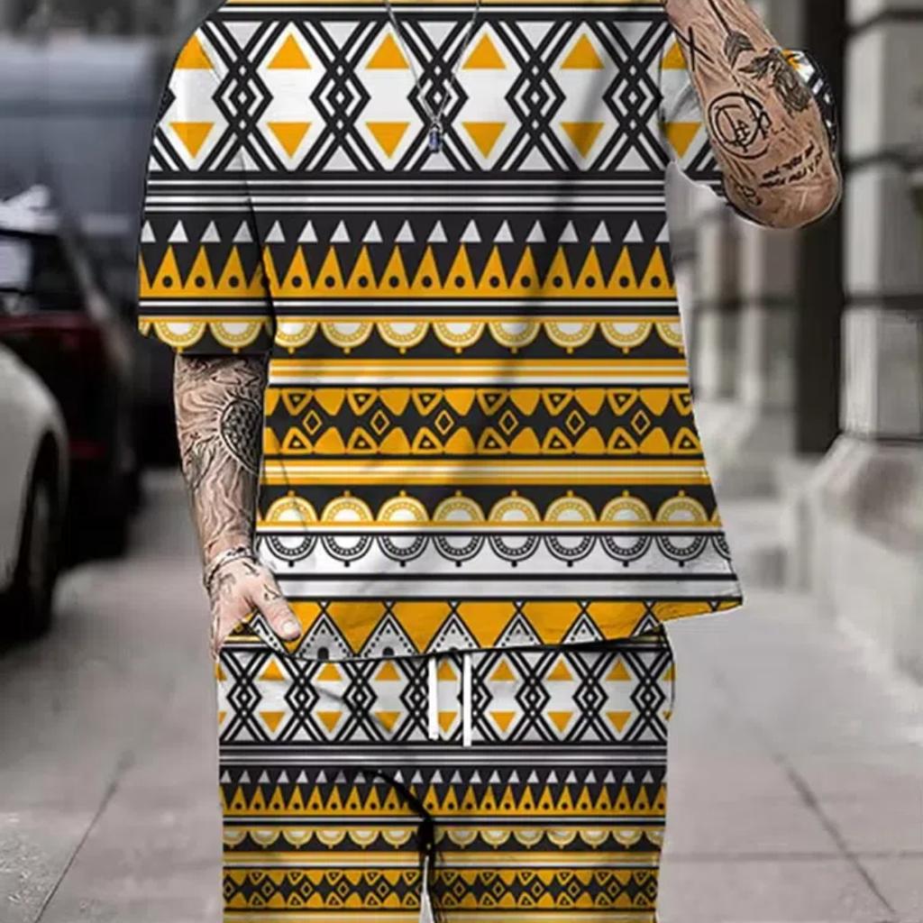 Summer Men's Short Sleeve Shorts Set Street Everyday Casual Men's T-Shirt Outdoor Fashion Loose Shorts Bohemian Print