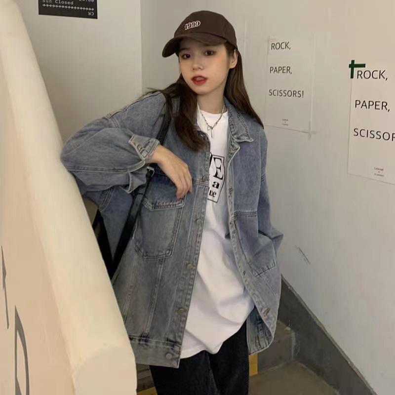 Geacă de blugi pentru femei în stil coreean - Croială lejeră slim, mâneci lungi, toamnă/primăvară, stil stradal Hong Kong.