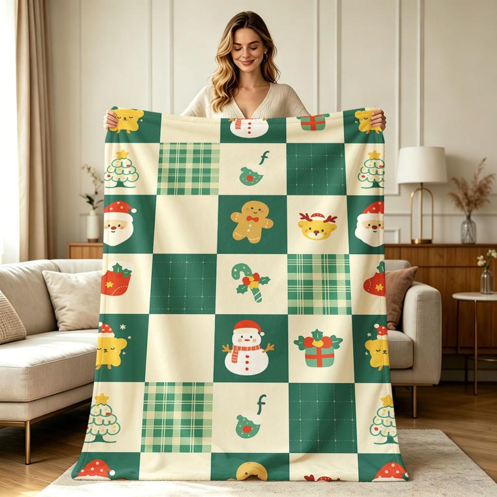 Soft Warm Flannel Christmas Throw Blanket Cute Festive Checkerboard Pattern with Holiday Characters for Sofa Couch Bed Office Living Room All Season C