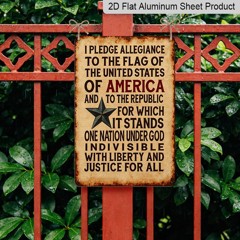 2D Flat, Vintage Aluminum Pledge of Allegiance To The United States Sign - Distressed Flag Wall Art with Stars & Stripes, Rustic Patriotic Home