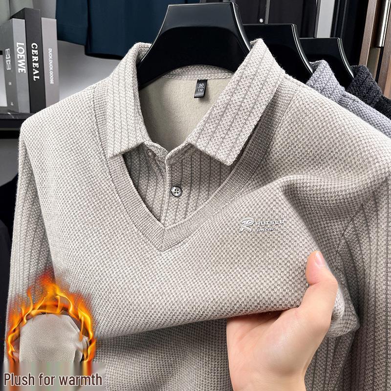 Men s Winter Faux Two-Piece Lapel Sweater with Plus Velvet Lining - Warm Thick Knitwear for Dad L