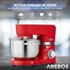 AREBOS Robot Pâtissier Professionnel 1500W | Avec 2 Bols d'Acier Inoxydable | 6 Vitesses | Fonction Pulse | Rouge |