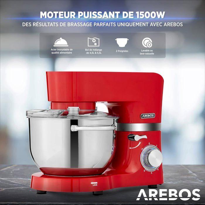 AREBOS Robot Pâtissier Professionnel 1500W | Avec 2 Bols d'Acier Inoxydable | 6 Vitesses | Fonction Pulse | Rouge |