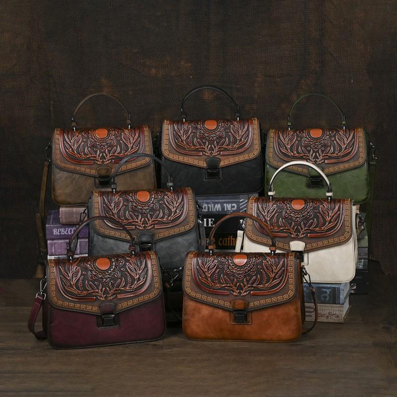 Johnature Borsa da donna in pelle goffrata fatta a mano, borsa vintage, borse a tracolla e a spalla versatili