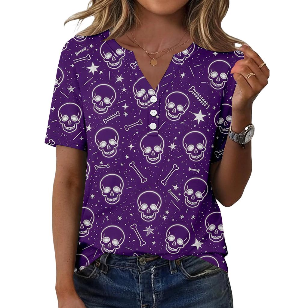 Womens Casual Halloween Print V Neck Short Sleeve Button Front T Shirt Top Lightweight Soft Fabric Comfortable Fit