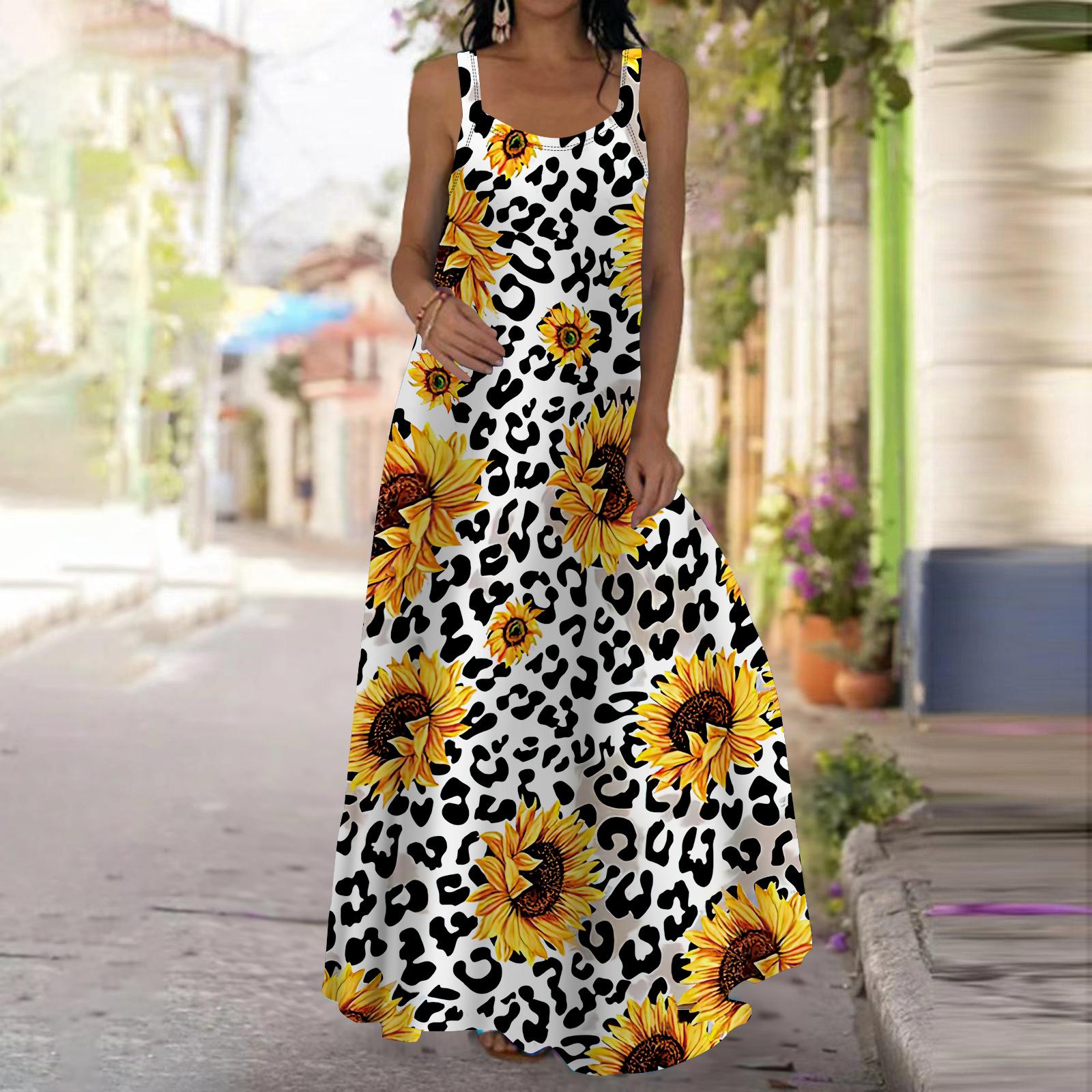 

Женское платье-комбинация Длинное платье макси Белое платье с принтом хризантем Весна и лето Досуг 3XL белый