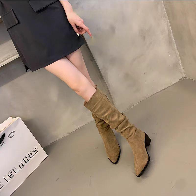 Retro Pleated Suede Long Boots for Women Winter Fashion Chunky Stiletto Sexy Boots. Large Size Versatile Women's Boots
