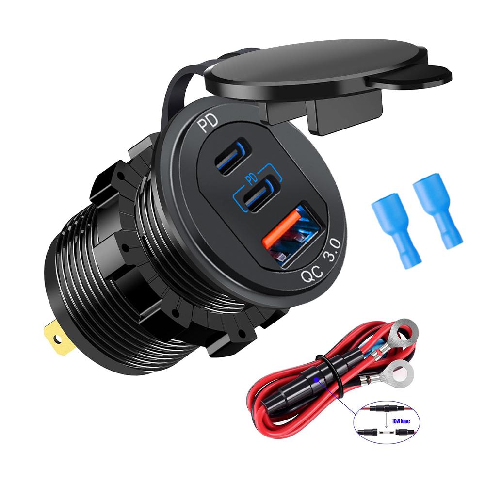 66W Car Charger Socket 12V/24V Socket 3 Ports USB Fast Charging PD and QC3.0 Car USB Port With LED Light and Touch Switch