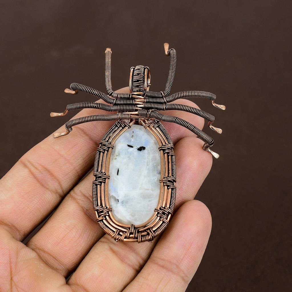 Natural Rainbow Moonstone Gemstone Copper Wire Wrap Spider Pendant 2.56" I2z26