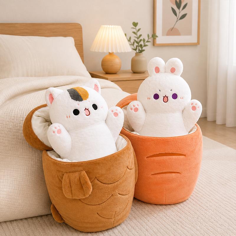 Cute Taiyaki Cat Plush Toy Rabbit Hiding In Carrot Furry Cartoon Animals Plush Throw Pillow Kawaii Christmas Gift For Kids Girl