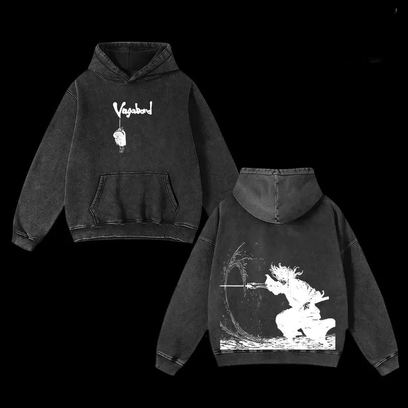 Manga Vagabond Musashi Miyamoto Printed Hooded Men Women Washed Cotton Hoodies Retro Streetwear Harajuku Oversized Sweatshirt