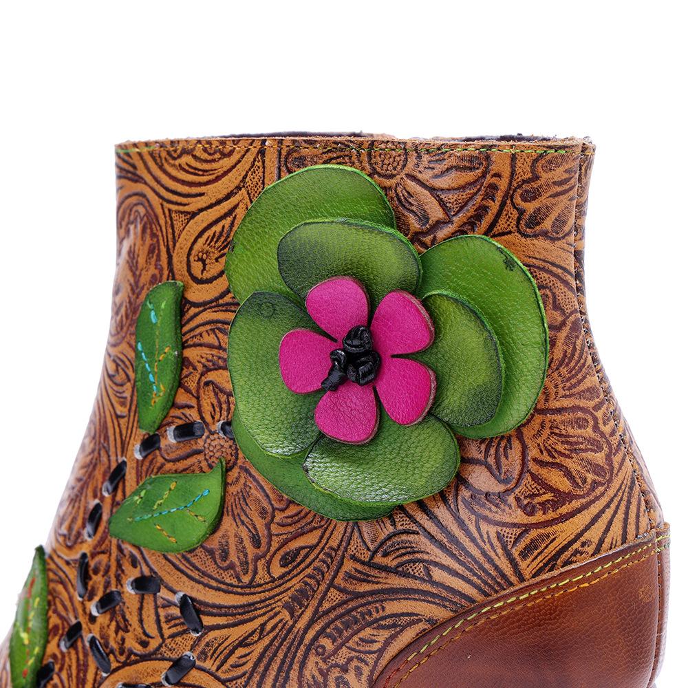Johnature Genuine Leather Printed High-heeled Short Boots Vintage Flower Thick Heel Side Zipper Women's Boots