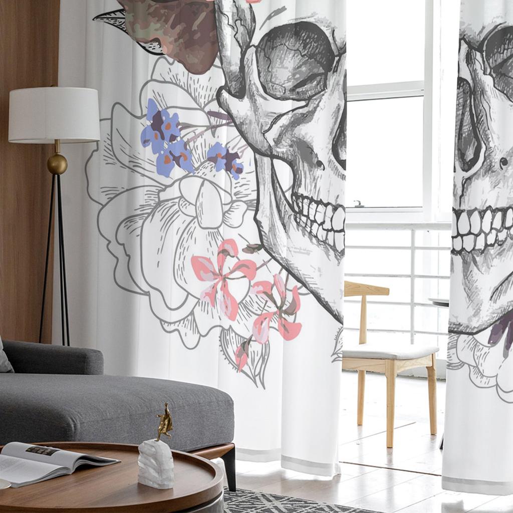 Skull Flower Pattern Tulle Curtains For Living Room Decoration Modern Chiffon Sheer Voile Kitchen Curtain