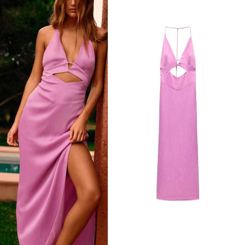 Spring New Sexy Backless V-neck Spaghetti Strap Hollow Design Silk Satin Texture Dress 1131377