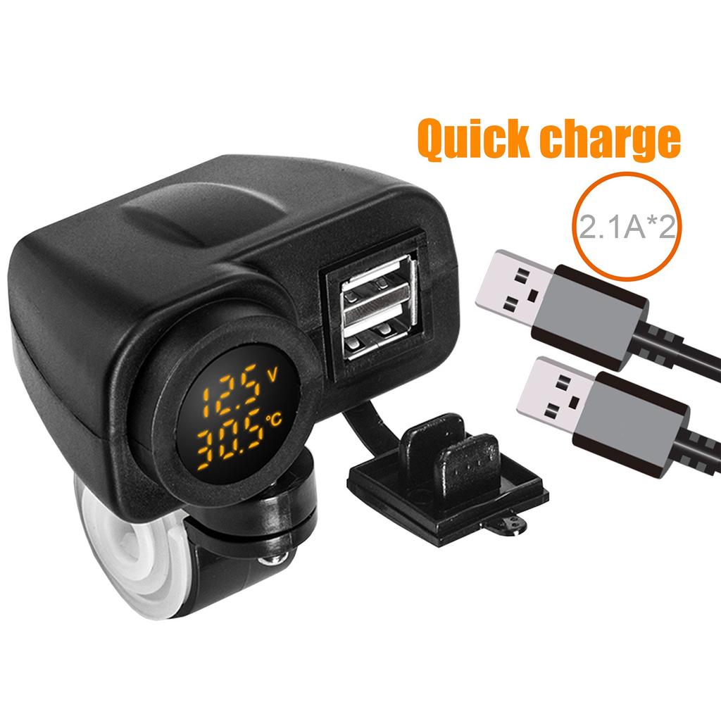 Motorcycle Dual USB Voltmeter Charger MultiFunction Temperature Meter with Waterproof Cover