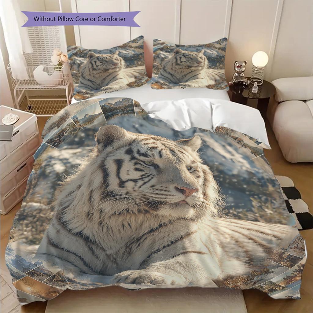 White Tiger Pattern Bedding Quilt Set Quilt Cover Pillowcase Home Decoration Birthday Gift (1 * duvet cover + 2 * pillowcase, without core)