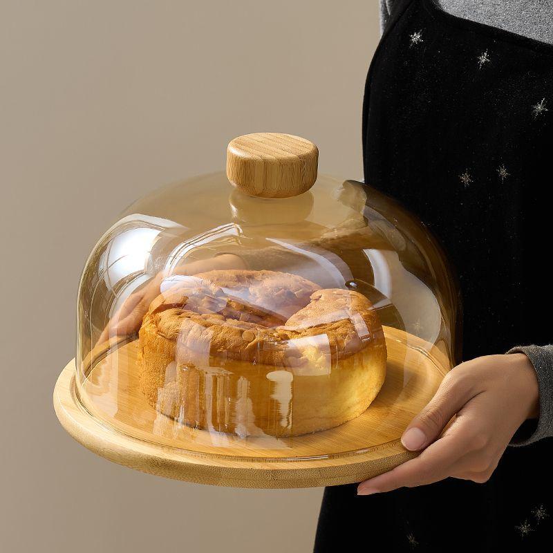 Simple Wood Round Fruit Dessert Tray Retro Bamboo Wood Cake Tray Home Living Room Table Fruit Snack Dessert Plating Glass Cover