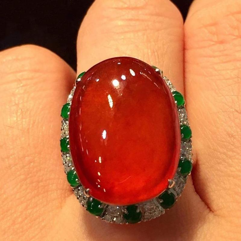 Natural Chalcedony Positive Red Oval Large Egg Face Ring Opening Adjustable Chinese Style Peculiar Retro Ladies