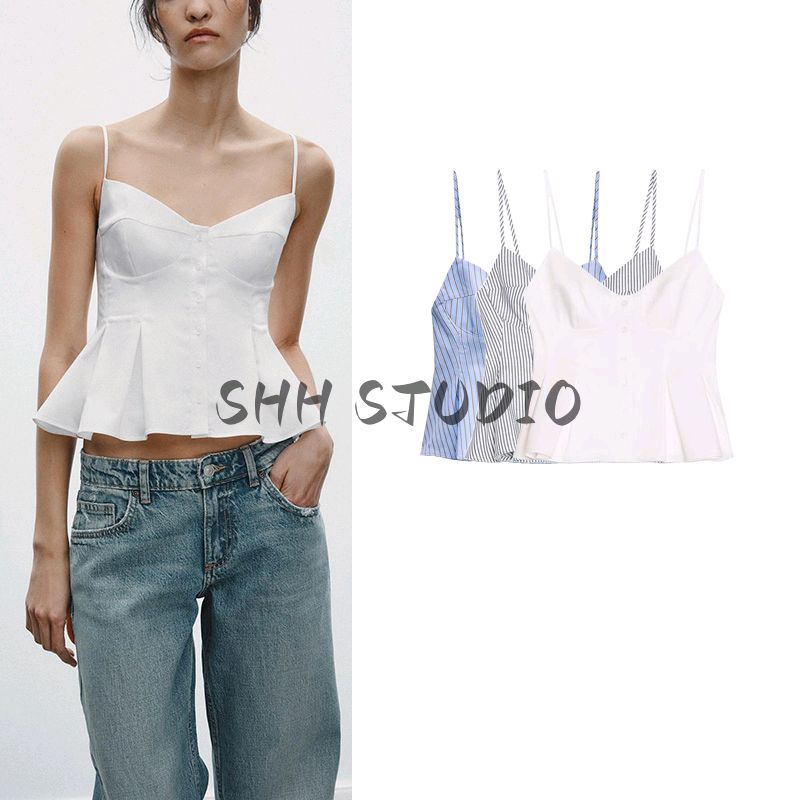 Spring New Women's Clothing French Style Silm Small Pleated Poplin Camisole Waist-Controlled Top 2890420 2178083