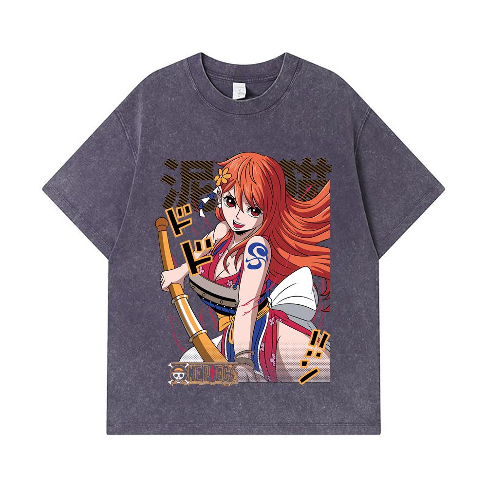 275 GSM Washed T-shirts 100% Cotton One Piece V41 Nami Print Unisex Heavy Cotton T Shirt