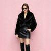 Womens Short Faux Fur Coat With Fox Hair Trim Collar Lapel Leather Patchwork Long Sleeve Winter Outerwear