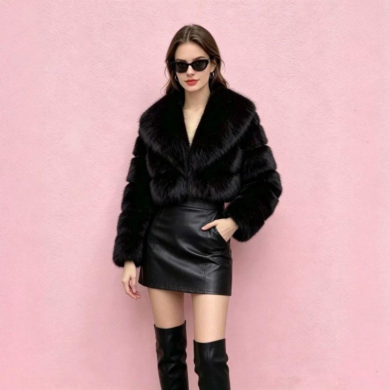 Womens Short Faux Fur Coat With Fox Hair Trim Collar Lapel Leather Patchwork Long Sleeve Winter Outerwear