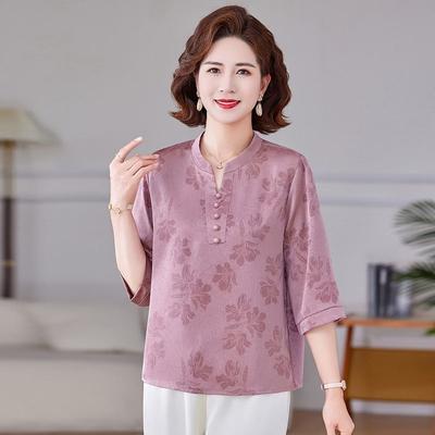 Middle Aged and Elderly Mothers Wear Summer New Style Fashionable Printed Temperament, Slimming and Loose Bottom Shirt, Small Shirt, Top for Women