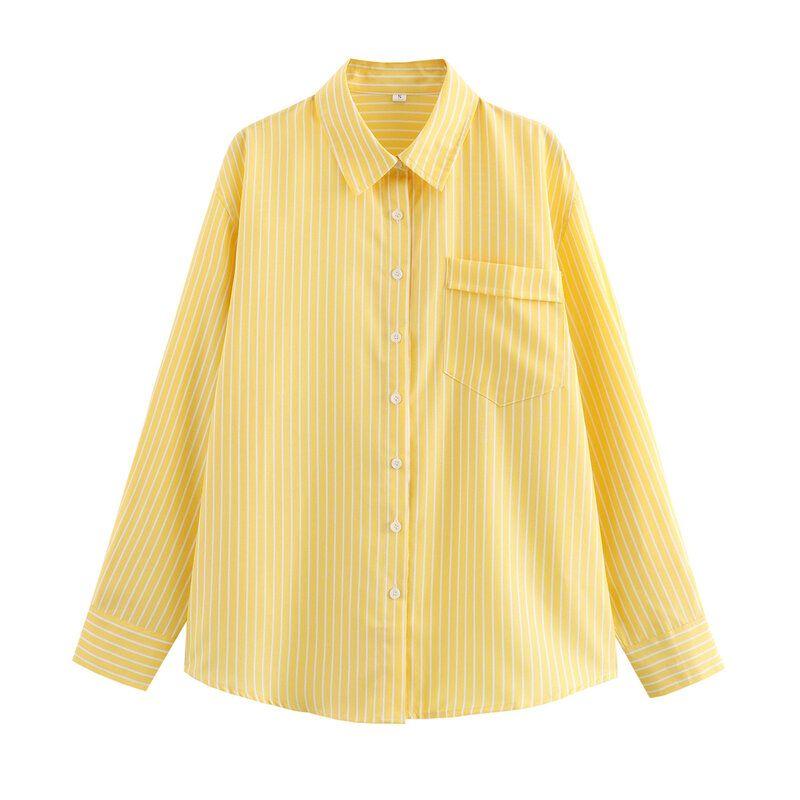 

Style 2024 Summer New Arrival Women s Clothing Loose Temperament Easiest for Match Long Sleeves Slimming and Fashionable 4 Colors Stripes Shirt Yellow S
