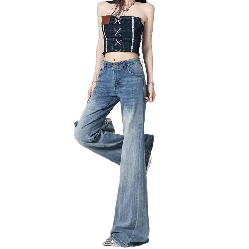 Light blue non-stick leg slightly pulled jeans women's autumn new small high-waisted loose and thin flared pants