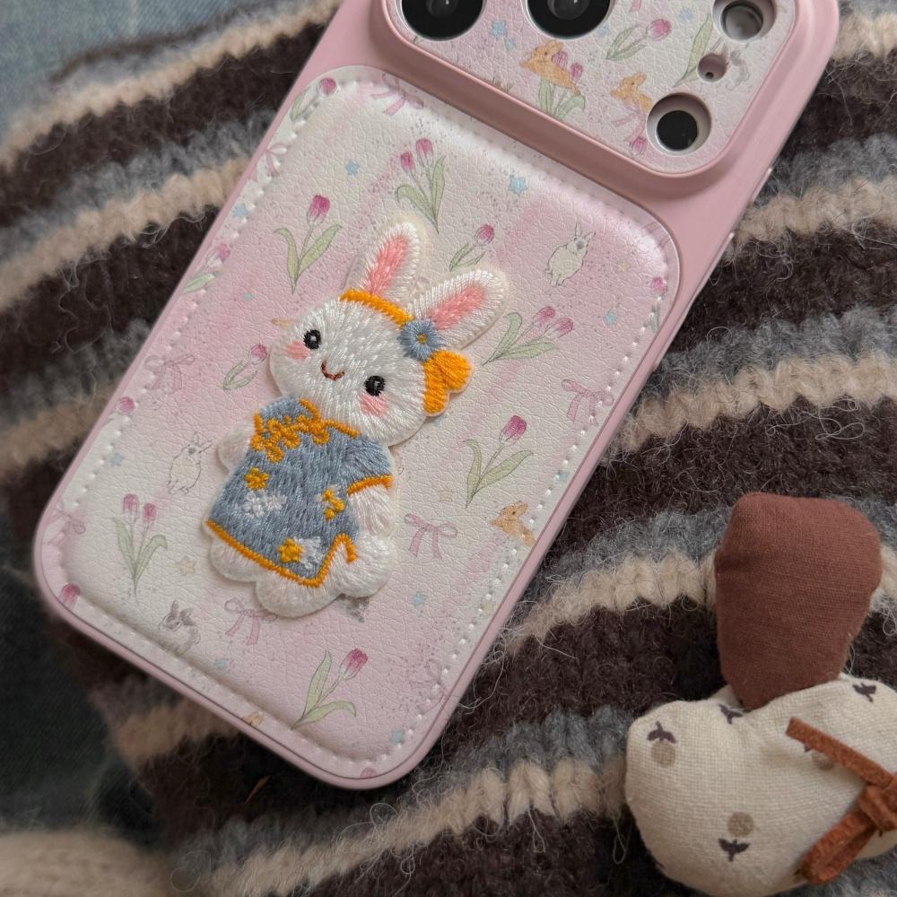 ins cute tulip embroidery rabbit for iphone17ProMax Apple 17 mobile phone case 16 new 15pro cartoon 14 creative 13 women's 16promax silicone anti-drop