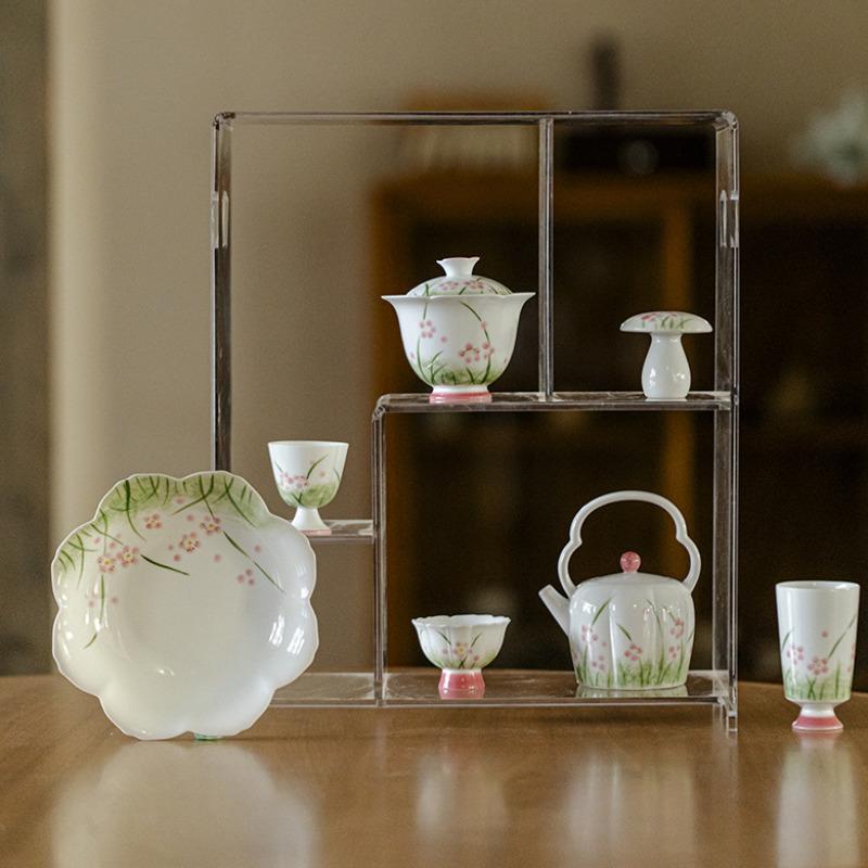 2pc/lot Hand Drawn Pink Grass Tea Cup Handmade High Footed Master Cup Flower Mouth Smelling Fragrant Mugs Kung Fu Teaset 25ml