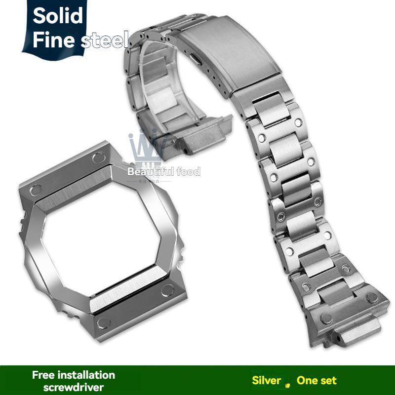 GX56/GWX56 Watch Band + Metal Bezel Case Strap for Casio G-Shock GXW56/GWX56BB -Stainless Steel Silver/Black + Replacement Tools