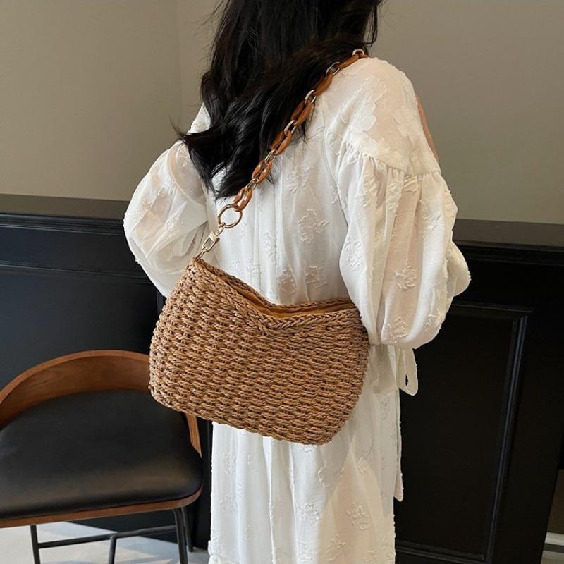 Seaside Woven Acrylic Portable Small Square Bag, New Hard-shaped Straw Woven Mobile Phone Bag, Holiday Messenger Bag