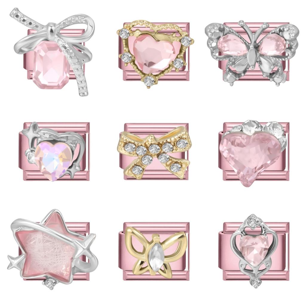 Fashion Pink Dreamy Crystal Butterfly Bow Heart Star Shell Star Charm Fit 9mm Stainless Steel Bracelet Women DIY Making Jewelry