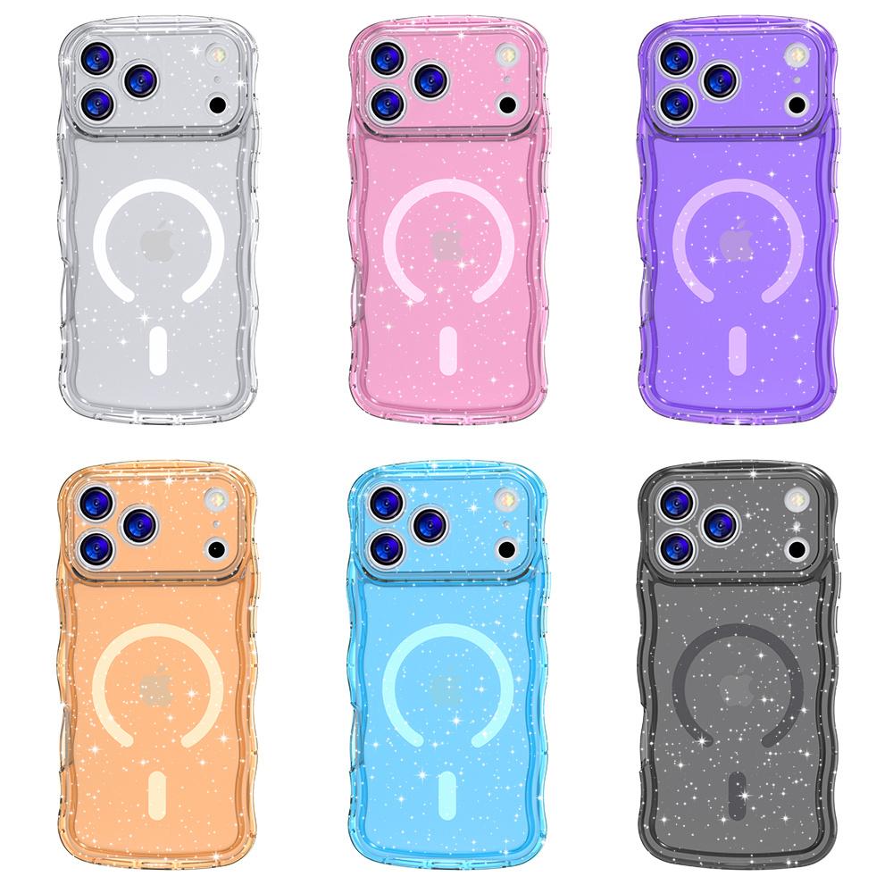 ins Style Wave For Magsafe Glitter Transparent Phone Case For iPhone 15 16 17 Pro Max Plus Lens Protection Wireless Charge Cover